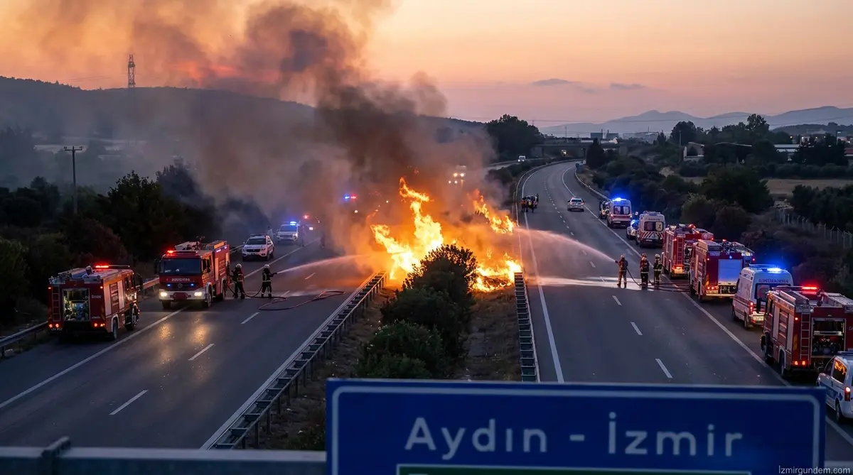 Aydın-İzmir Otoyolunda Yangın Paniği: Alevler Karşı Şeride Sıçradı