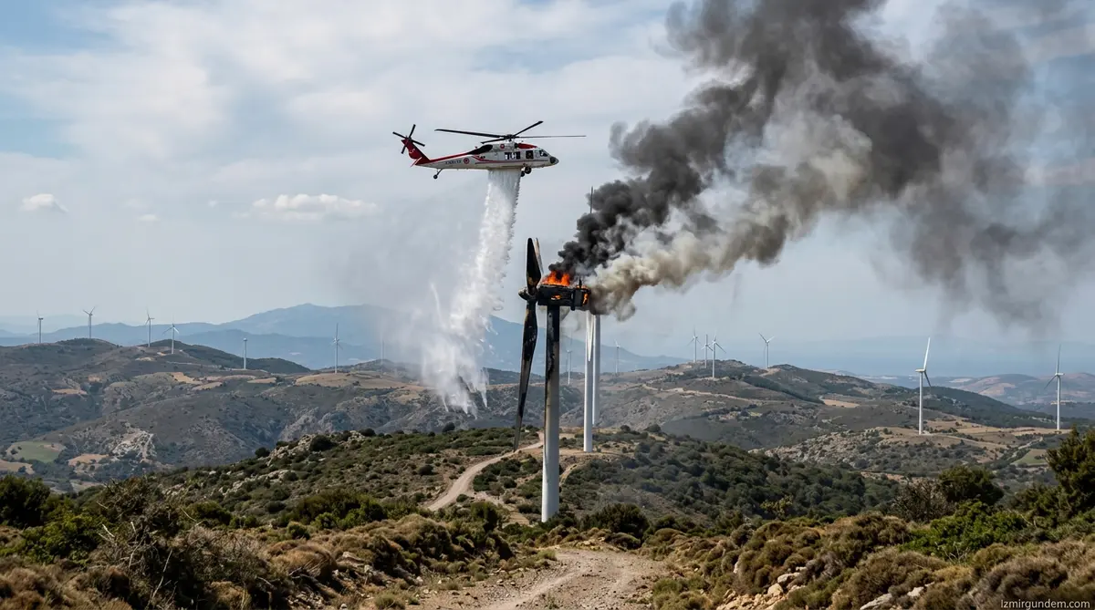 Bergama Koyuneli'de Rüzgar Türbini Yangını: Havadan Müdahale