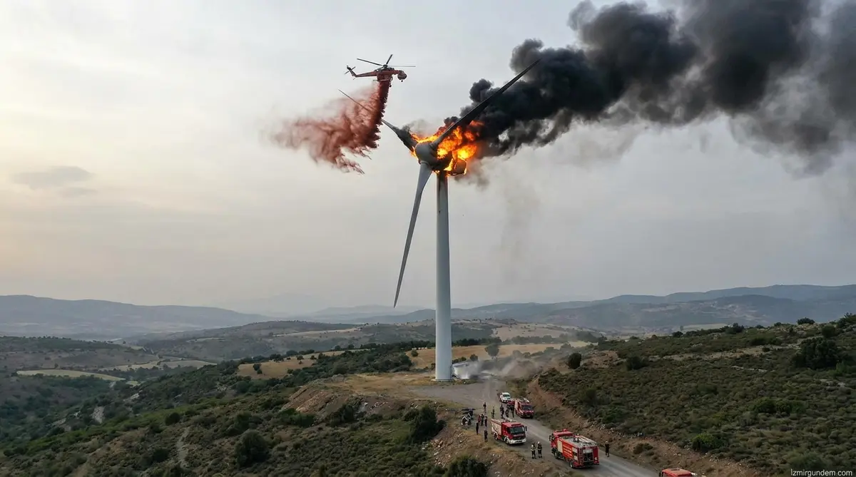 Bergama'da Rüzgar Türbini Alevlere Teslim Oldu: Havadan Müdahale