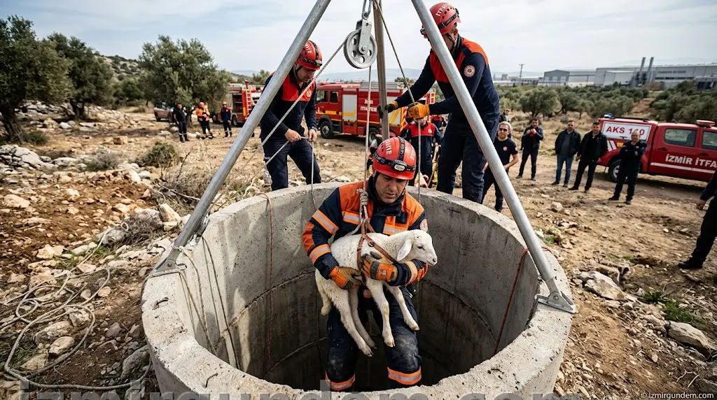 Bornova Işıkkent’te 20 Metrelik Kuyuya Düşen Kuzu Kurtarıldı