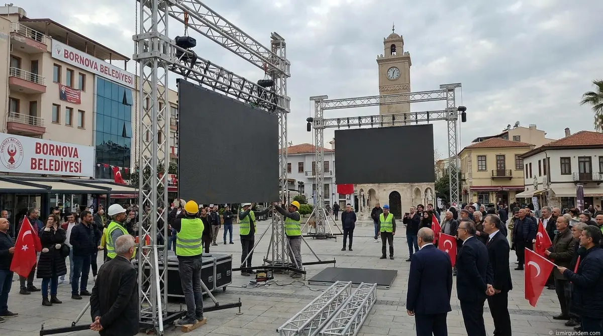Bornova'da Milli Mesai: Dev Ekranlar Kuruluyor
