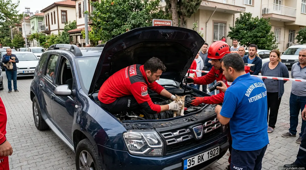 Bornova'da Motor Boşluğuna Sıkışan Yavru Kedi İçin Seferberlik