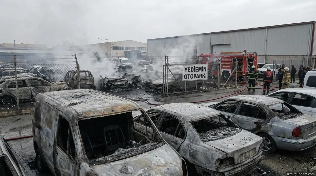 Bornova'da Yediemin Otoparkı Yandı: 62 Araç Kül Oldu