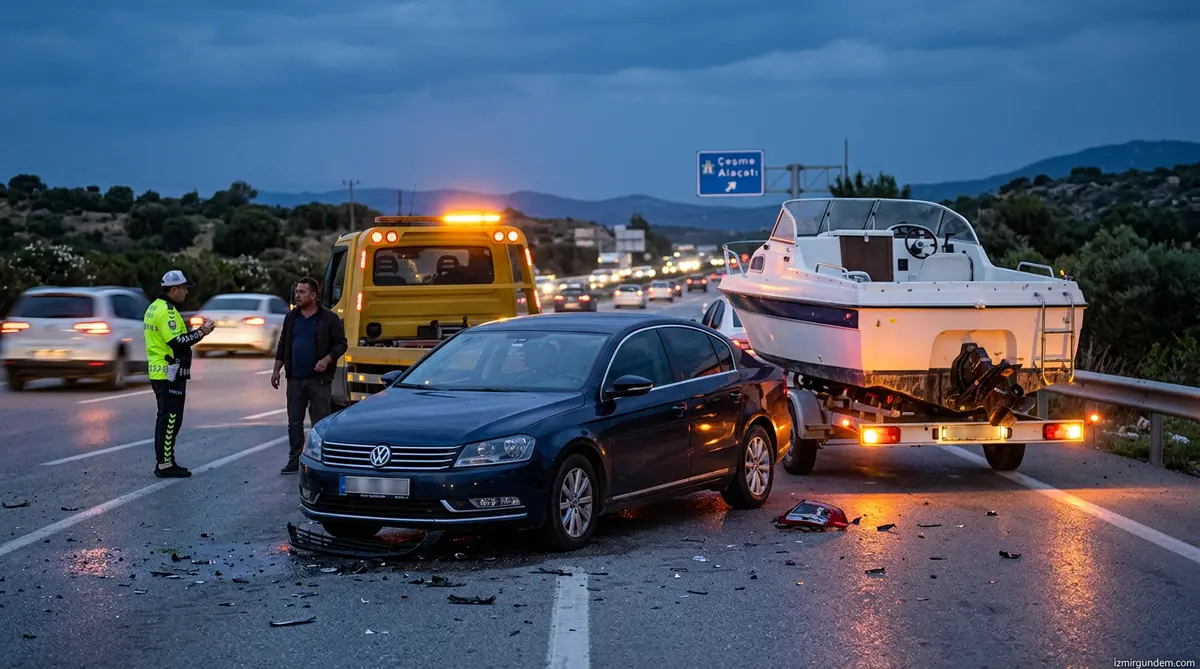 İzmir Çeşme Otoyolunda Otomobil Tekne Taşıyan Çekiciye Çarptı