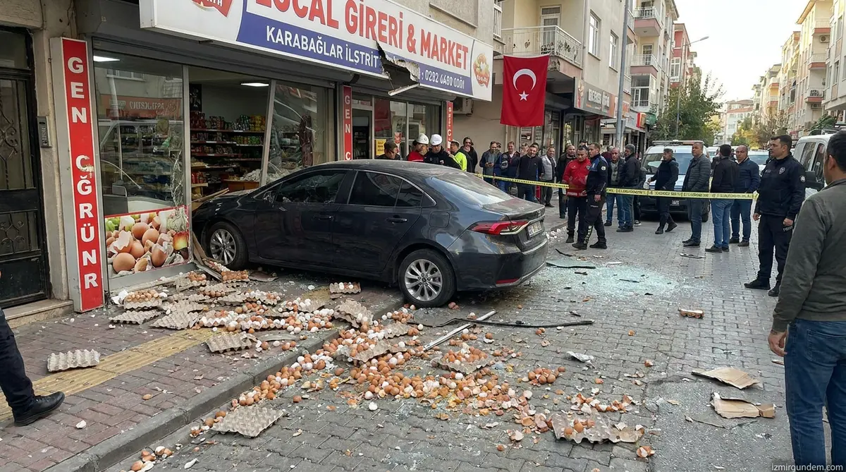 Karabağlar'da Otomobil Dükkanlara Daldı: Binlerce Yumurta Kırıldı