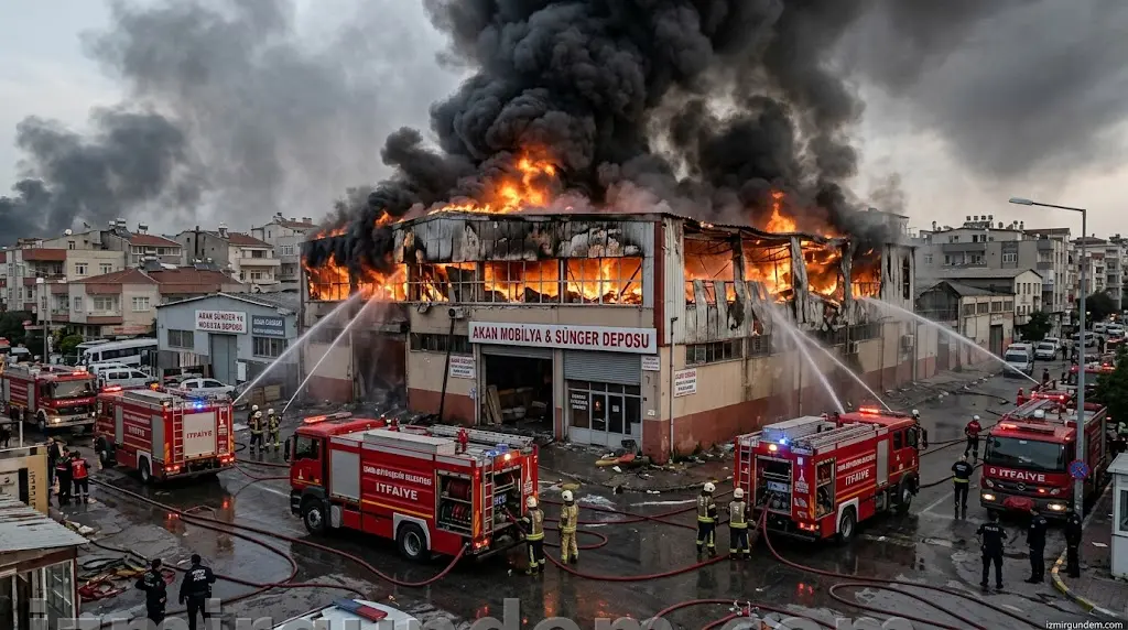 Konak Bozkurt Mahallesi’nde Korkutan Yangın: Sünger Deposu ve Mobilya...