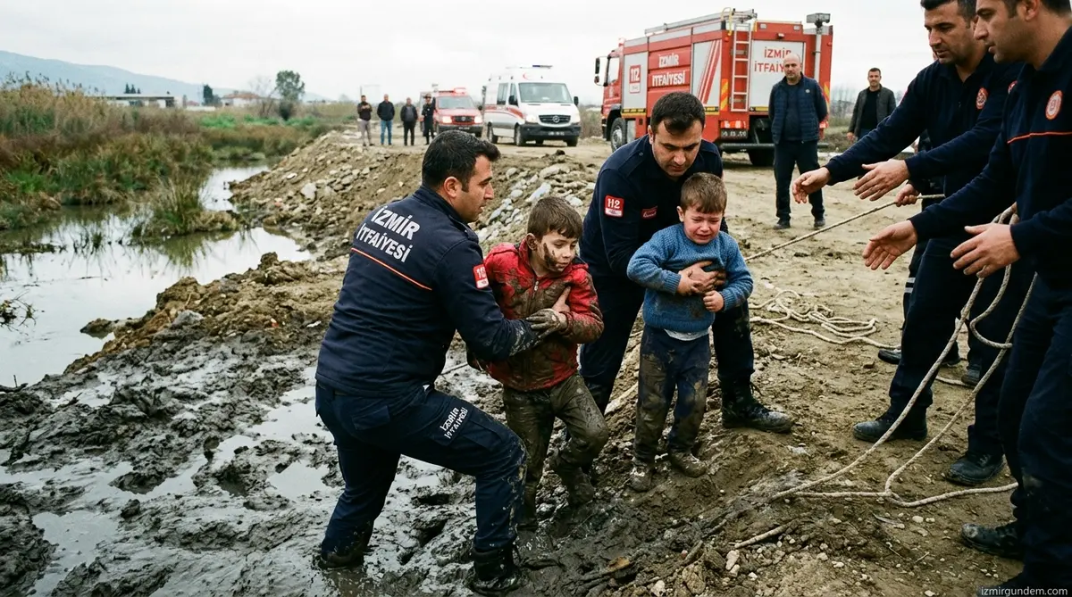 Torbalı'da Balçığa Saplanan İki Çocuğu İzmir İtfaiyesi Kurtardı